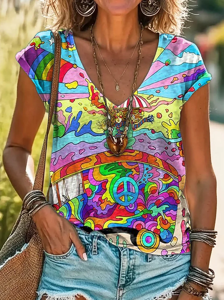 Women's Hippie Art Print 100%Cotton V-neck T-Shirt