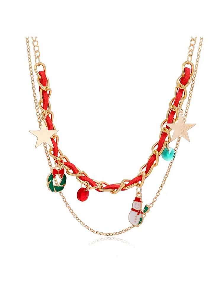Festival Santa Snowman Mistletoe Layered Chain Christmas Necklace