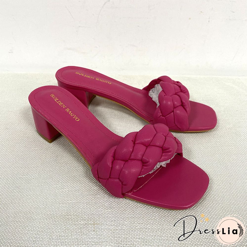 Summer Solid Weave Women Square Heel Sandal Fashion Thick High Heels Gladiator Outdoor Party Slides Ladies Sandals Shoes