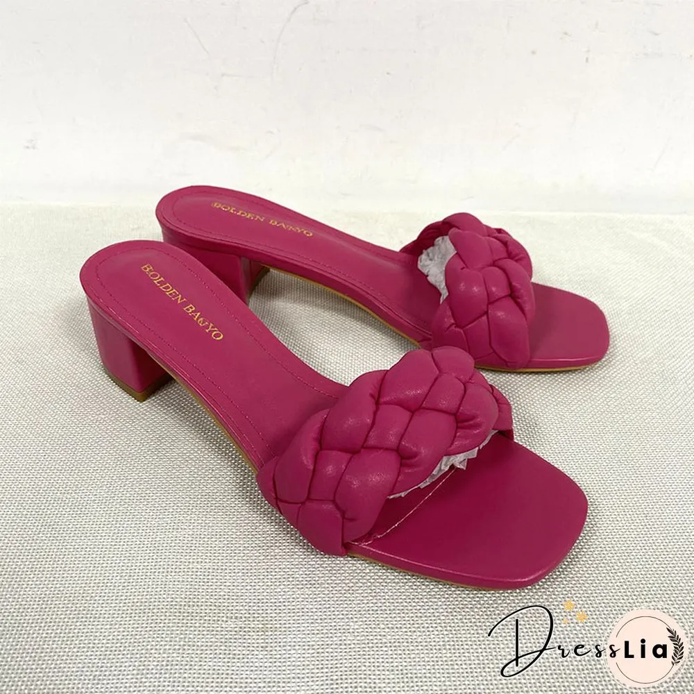 Summer Solid Weave Women Square Heel Sandal Fashion Thick High Heels Gladiator Outdoor Party Slides Ladies Sandals Shoes