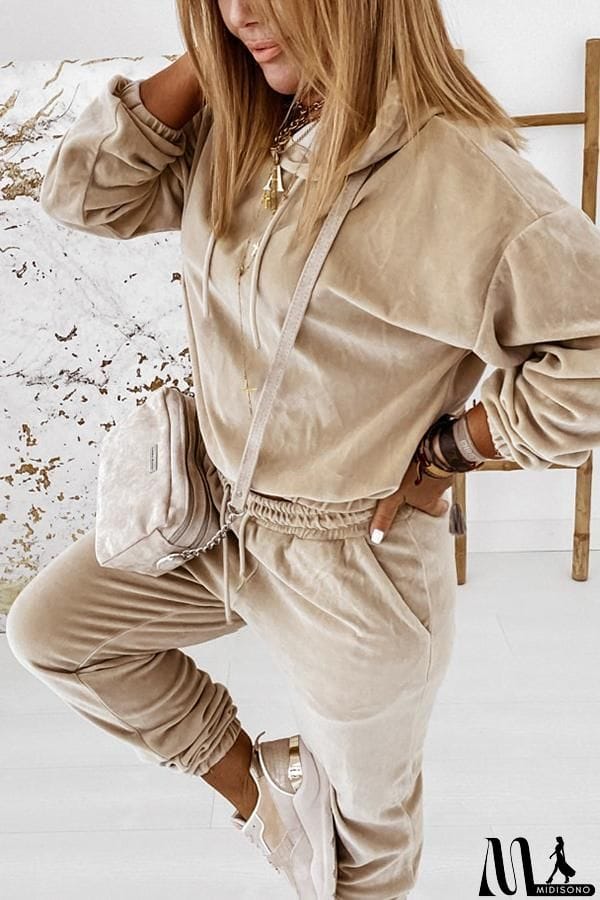 MidiSono - Velvet Drawstring Hooded Joggrt Set