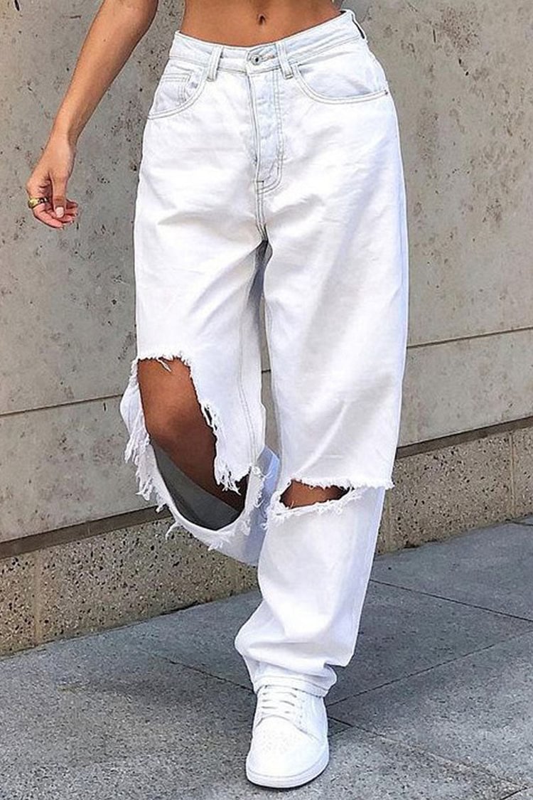 Fashion British Style Solid Ripped Mid Waist Loose Denim - Life is Beautiful for You - SheChoic