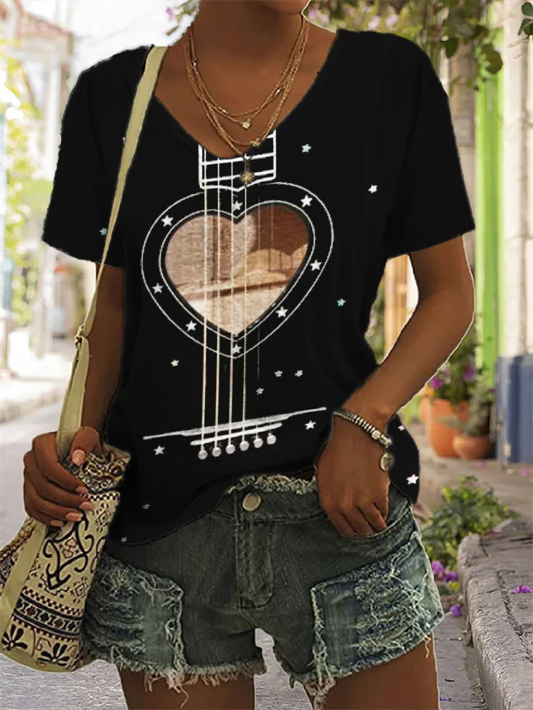 Stars Heart Guitar Inspired V Neck T Shirt