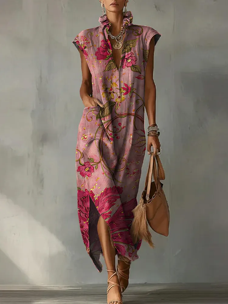 Casual Loose-fit Cotton-linen Dress With Cap Sleeves And Vintage Floral Print