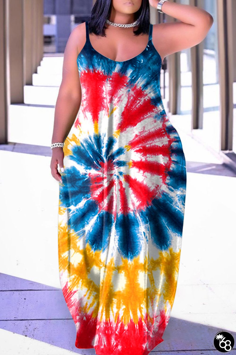Dark Blue Sexy Print Backless Spaghetti Strap Long Dress Dresses | 168DEAL