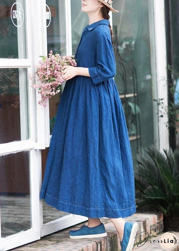 Handmade Lapel Half Sleeve Spring Tunics Shirts Blue Dress