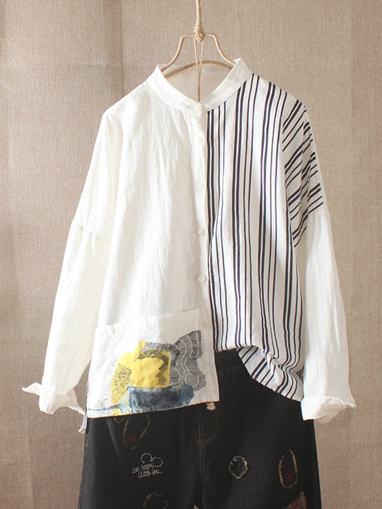 Print Stripe Patchwork Long Sleeve Women Casual Blouse P1413855