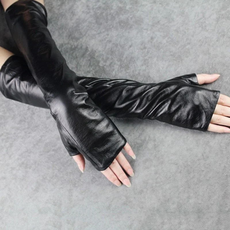Nncharge PU Leather Long Gloves Ladies Hole Black Arm Sleeve 2023 Spring Female Gloves Accessories Fashion New