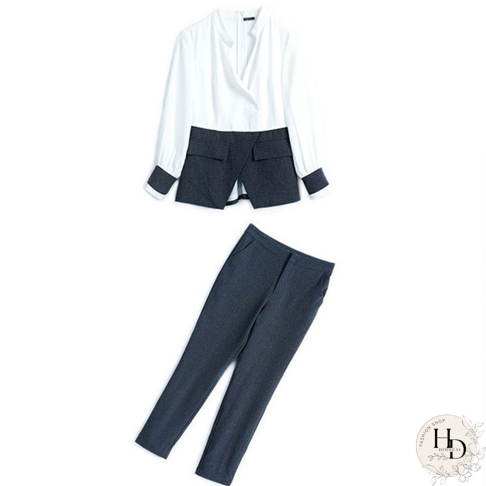Autumn Suit Women Pants 2 Piece Set Elegant Office Lady Outfits Hit Color Blouse And Pants Fashion Sets