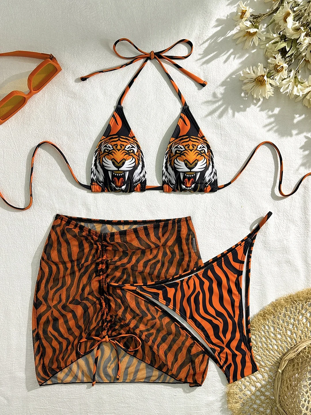 Uveng 2024 New Sexy Tiger Head Striped Three-Piece Swimsuit Swimsuit Bikini Bikini