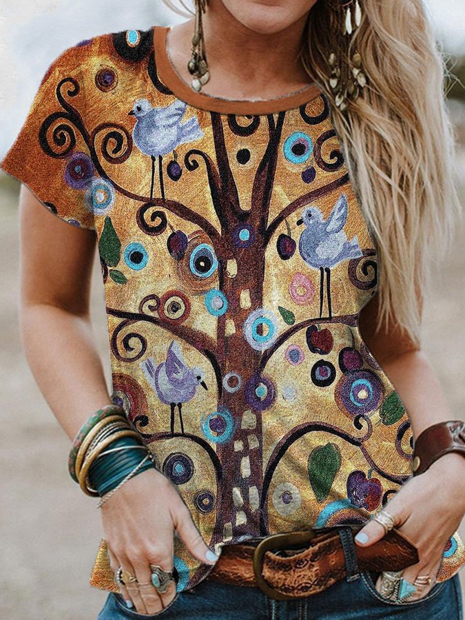 Women's Tree of Life Print Crew Neck Loose Casual T-Shirt