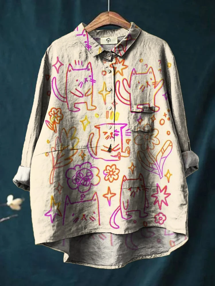 Cartoon Color Cute Line Kitten Flowers Print Cotton And Linen Shirt