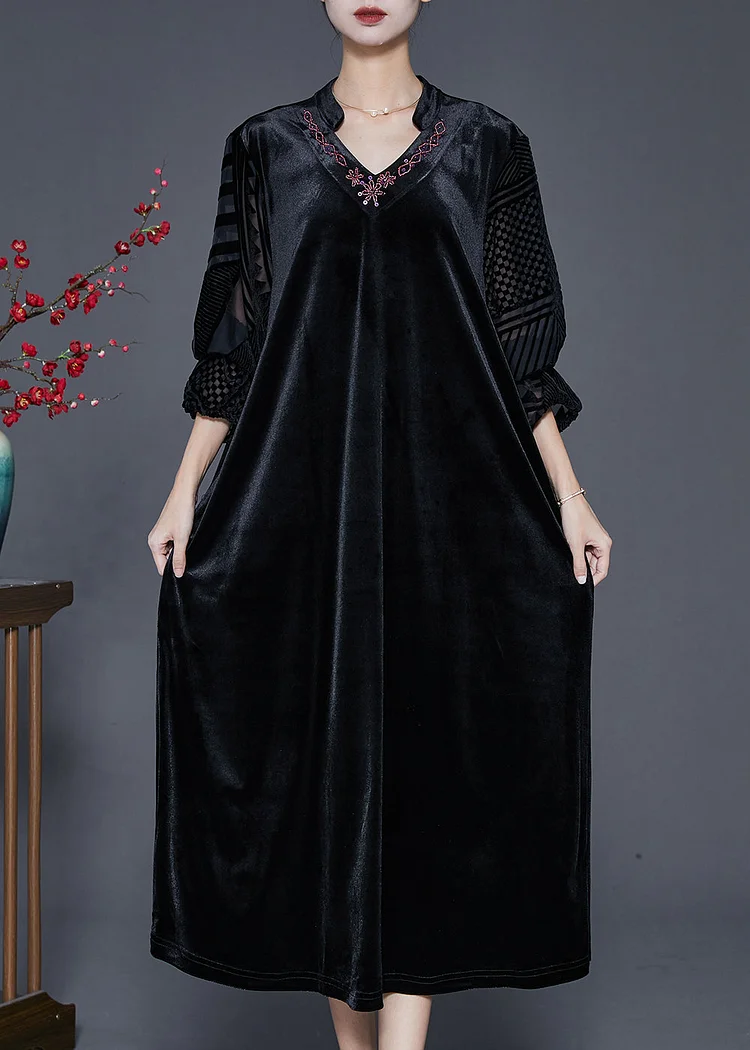 Black Loose Silk Velour Dress V Neck Embroideried Fall