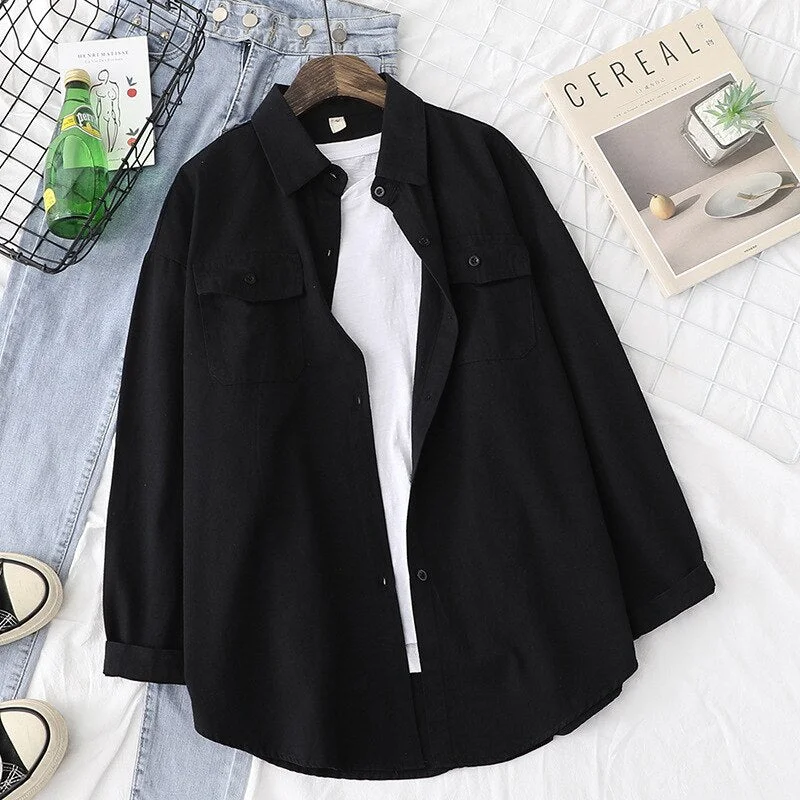Loose Womens Shirts Autumn Blouses Casual Long Sleeve 100% Cotton Office Tops Blusas Female Clothes Double Pockets Solid Outwear