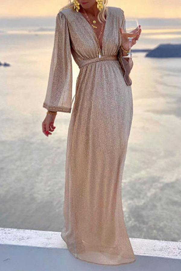 Fashion Elegant Solid Split Joint Fold V Neck Evening Dress Dresses