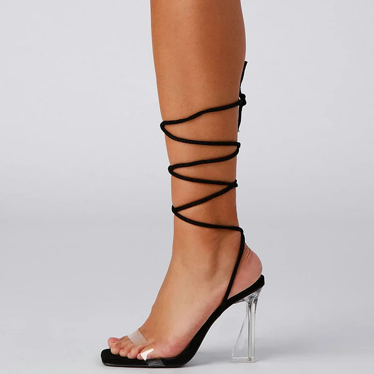Black Square Toe Vegan Suede Sandals Women's Summer Wrap Shoes transparent Heels |FSJ Shoes