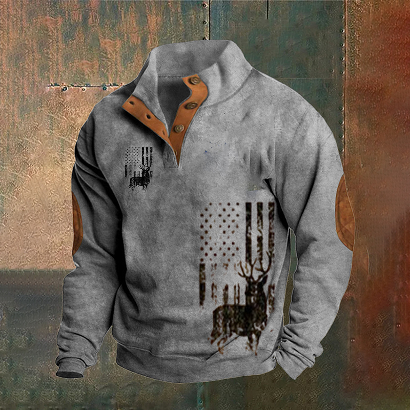 Comstylish Men's Retro Flag Western Print Stand Collar Button Sweatshirt
