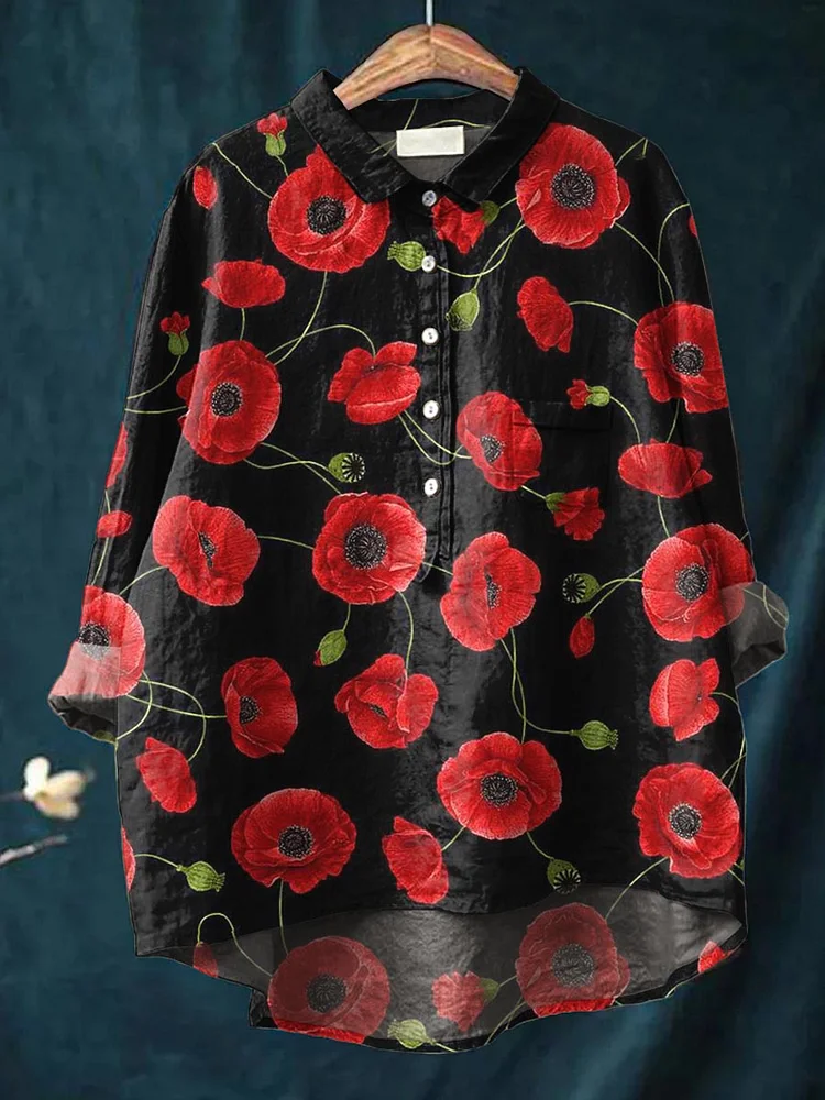 Womens Poppy Pattern Casual Cotton And Linen Shirt