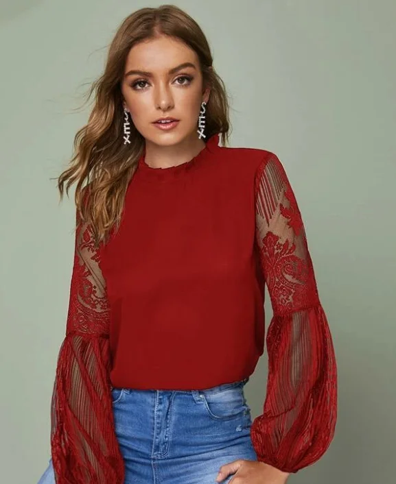 Nigikala Nigikala New 褶領透视 Tulle Lace Lantern Sleeve Temperament Blouse