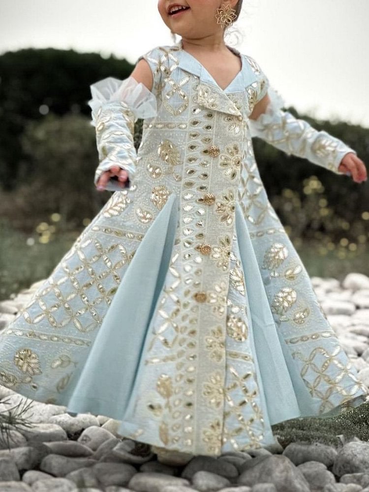Children's Dress with Sequin Lapel Detachable Sleeves
