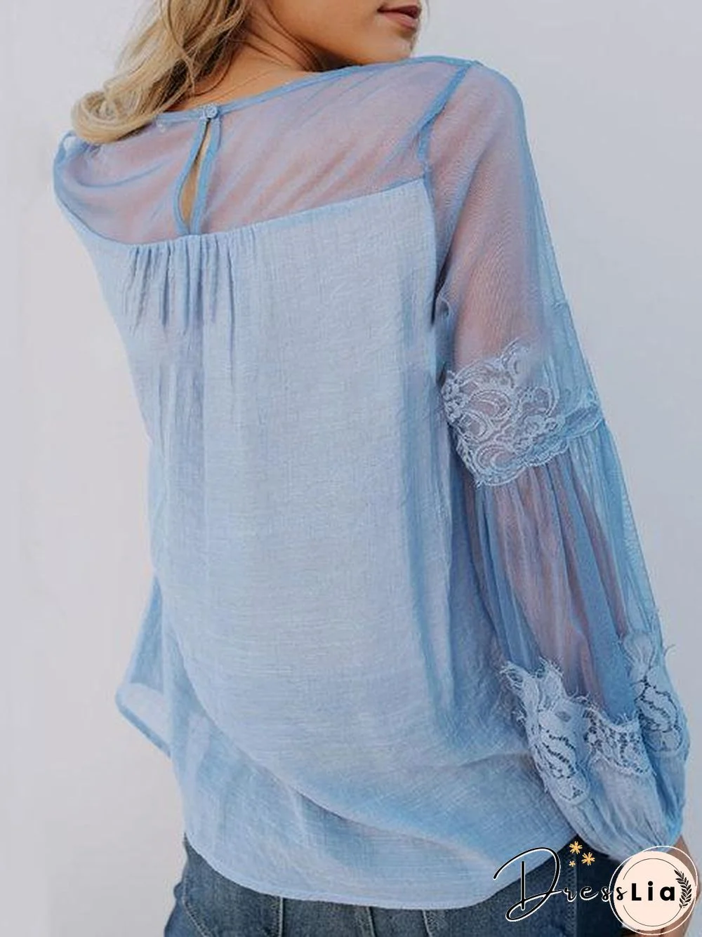 Lace Solid Long Sleeve Crew Neck Casual Blouse