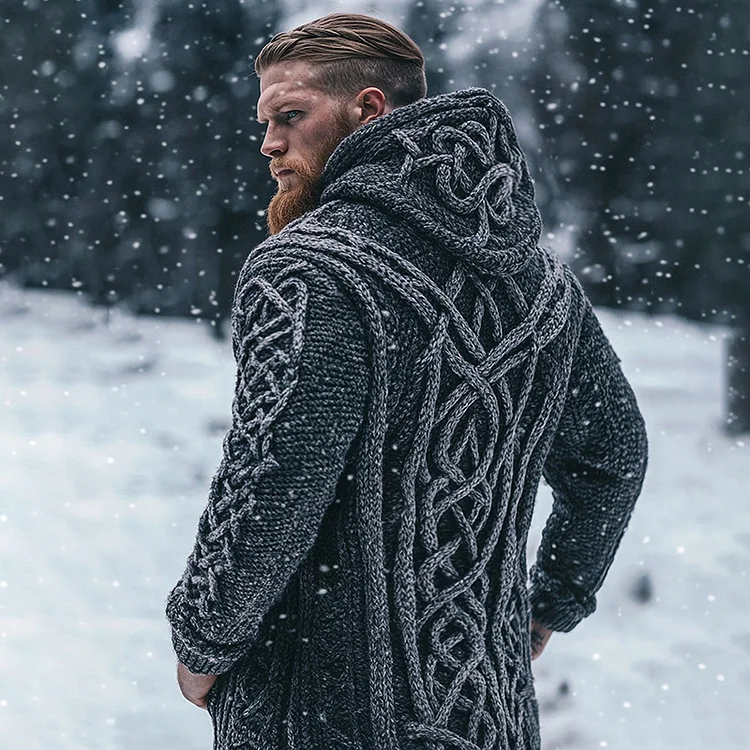 VChics Men's Viking Tribal Celtic Inspired Chunky Knit Hooded Cardigan