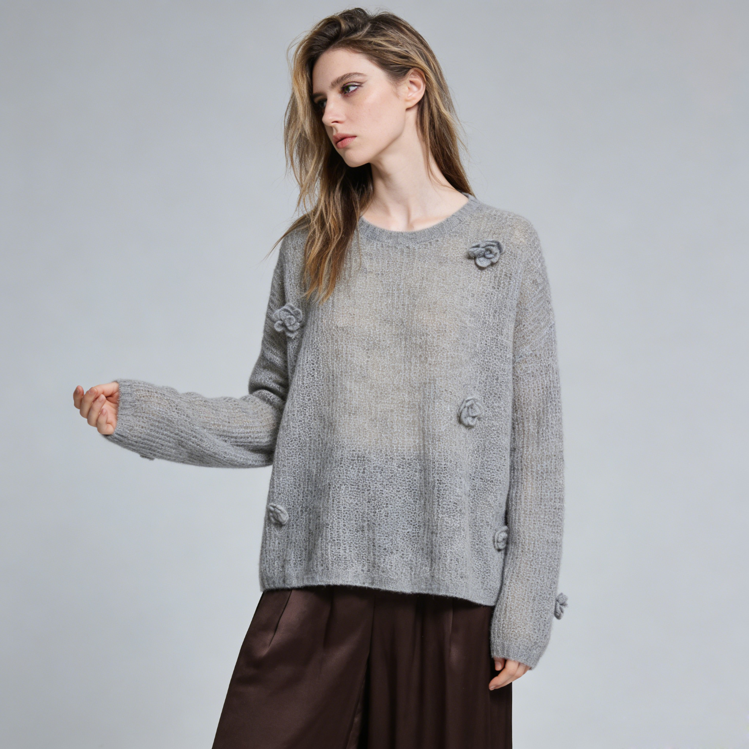 Women's 3D Floral Silk Cashmere Sweater Oversized | Spring Summer REAL SILK LIFE