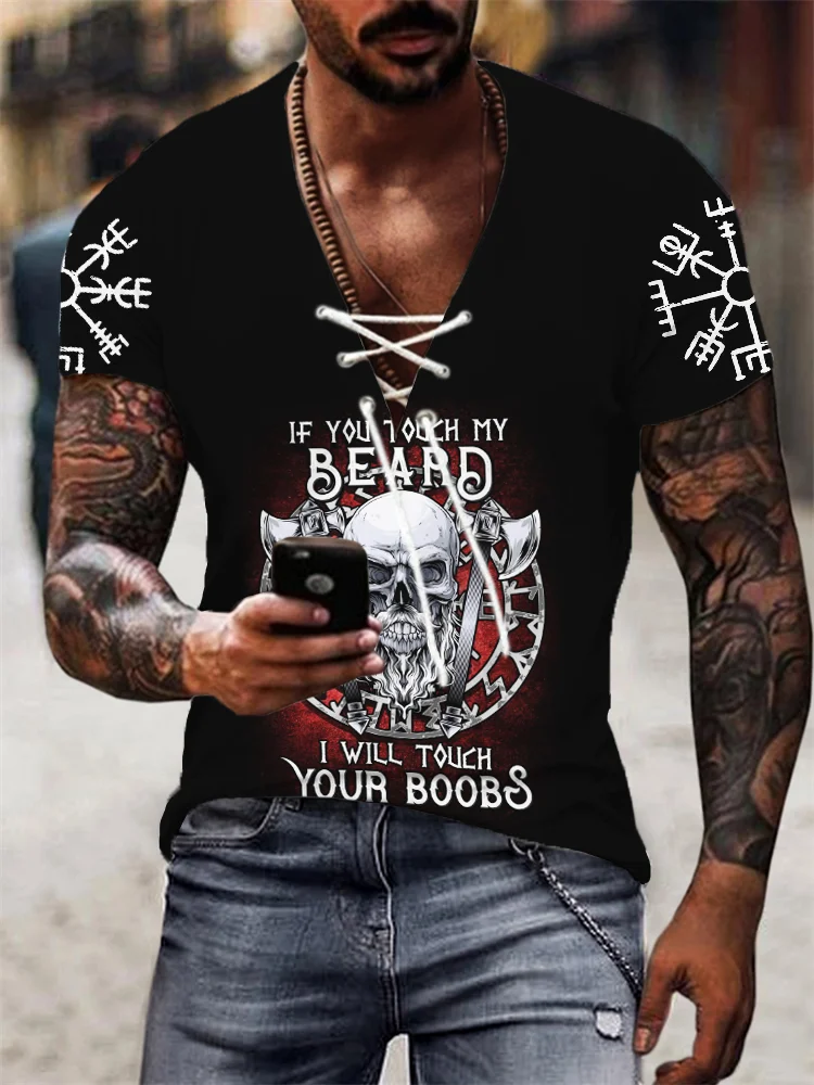 BrosWear Men's Viking Beard Skull Runes Lace Up T Shirt