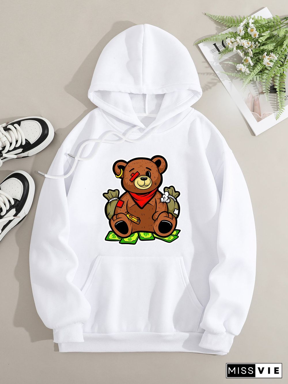 Printed on front Kangaroo Pocket Hoodie Long Sleeve for Women Pattern One-eyed bear and US dollar