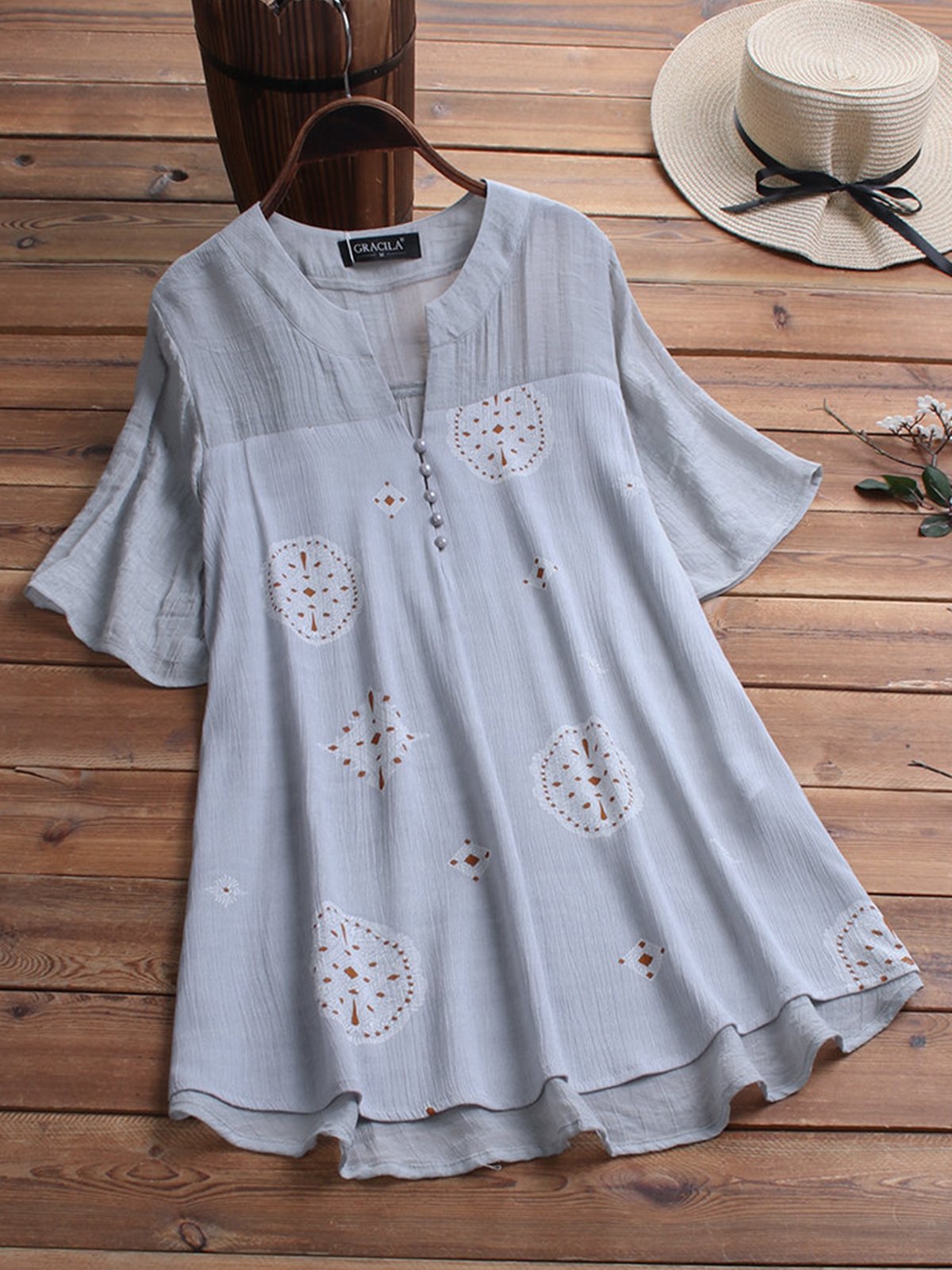 Bohemian Print Short Sleeve V Neck Button Blouse