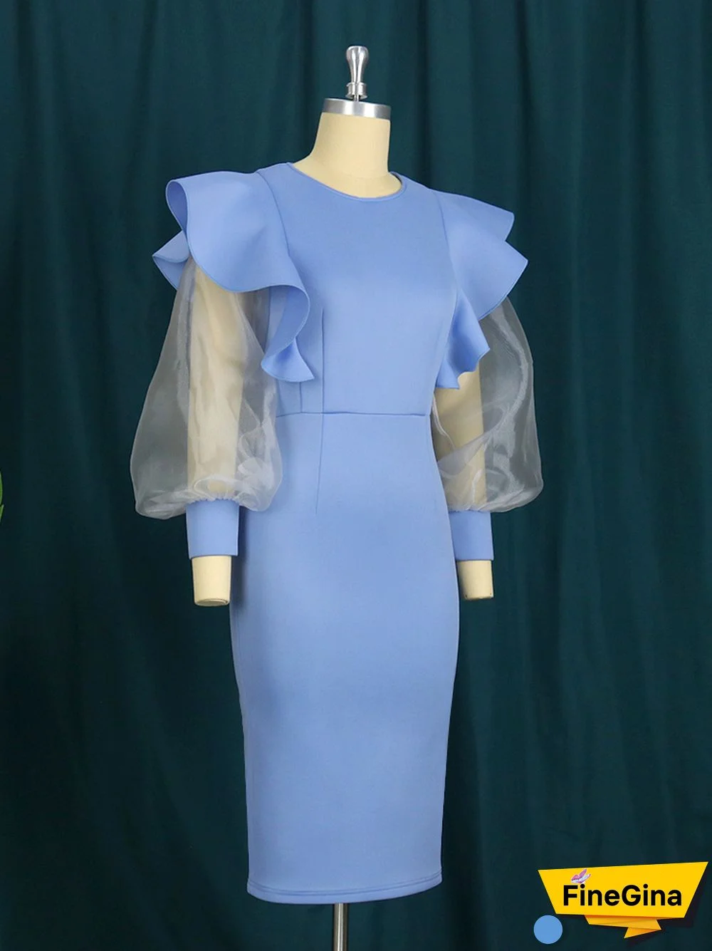 Elegant Blue Dresses Women See Through Long Tulle Sleeve Slim Ruffle Dress Classy Bright Large Size Party Birthday Outfits