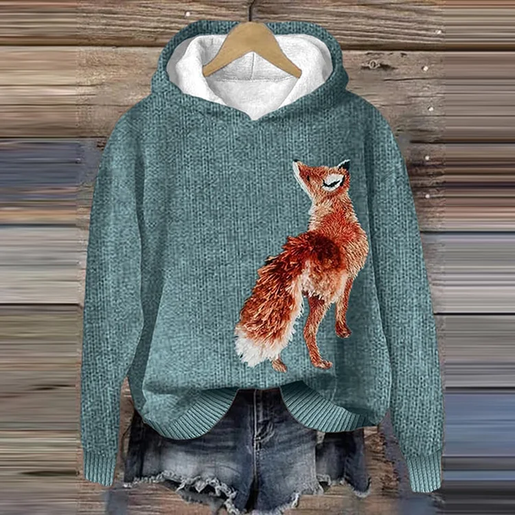 Fox Print Print Cozy Knit Hooded Sweater