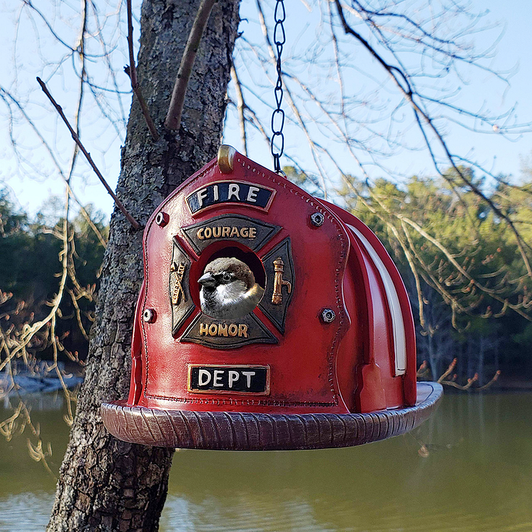 Retro Red Firefighter Helmet Bird House - tree - Codlins