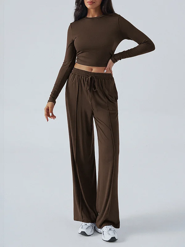 Solid Color Long Sleeves Loose Round-Neck T-shirt Top + Drawstring Elasticity Pockets Pants Bottom Two Pieces Set
