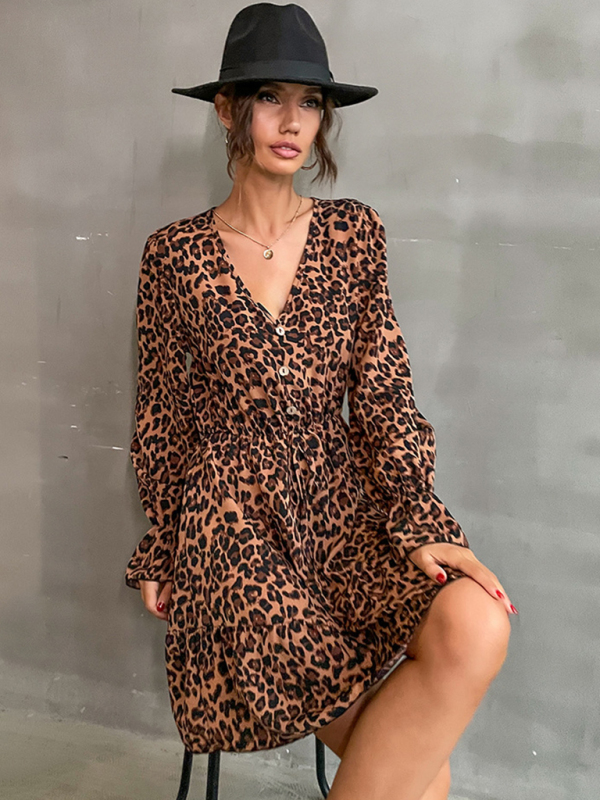 Mature Women Fall And Winter Casual Leopard Print Buttoned Long Sleeve Dress