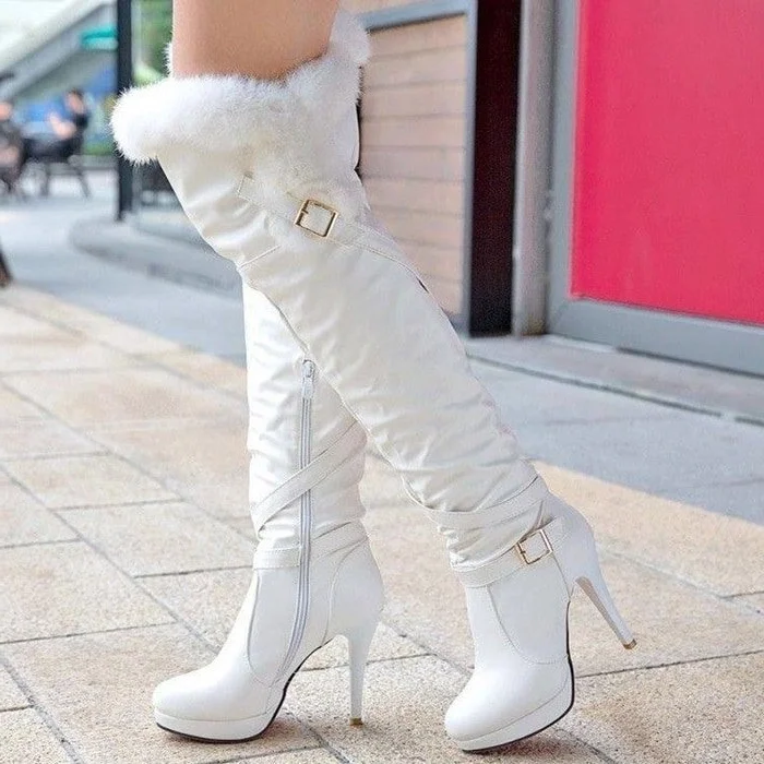 White Stiletto Heels Fur Shoes Buckle Over-the-knee Platform Boots |FSJ Shoes