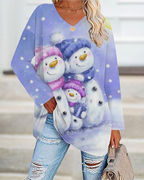 Women's Christmas Snowman Print Casual Long-Sleeve T-Shirt