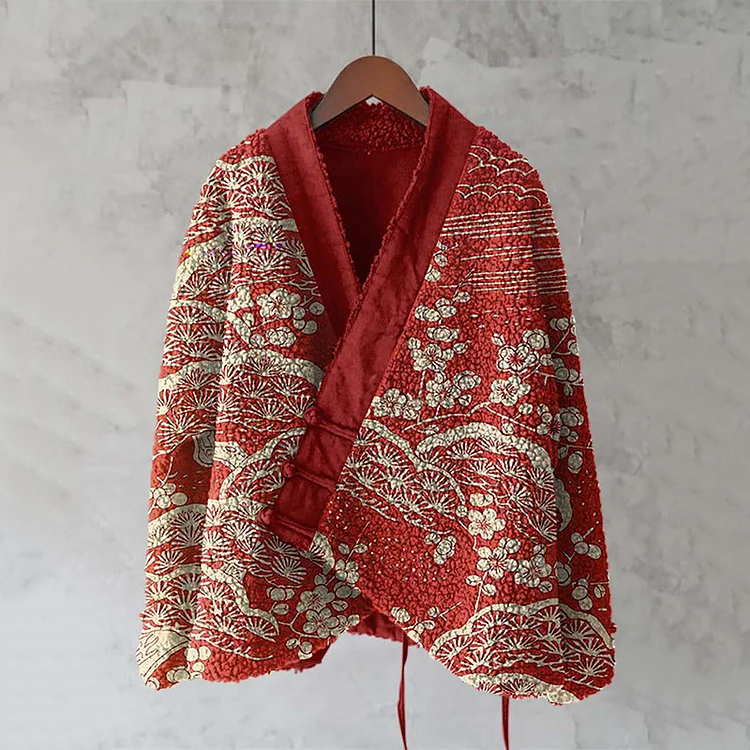 Vintage Japanese Floral Art Cozy Fleece Kimono Cardigan