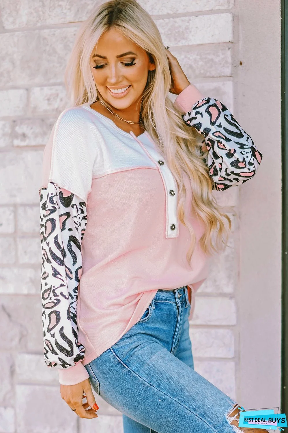 Sleeve Patchwork Waffle Knit Top