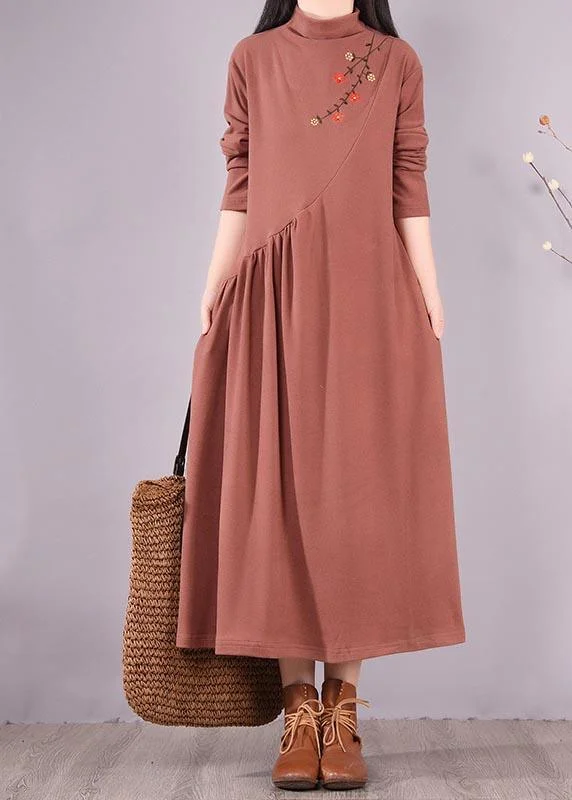 Natural High Neck Cinched Spring Tunic Fabrics Brown Embroidery A Line Dress