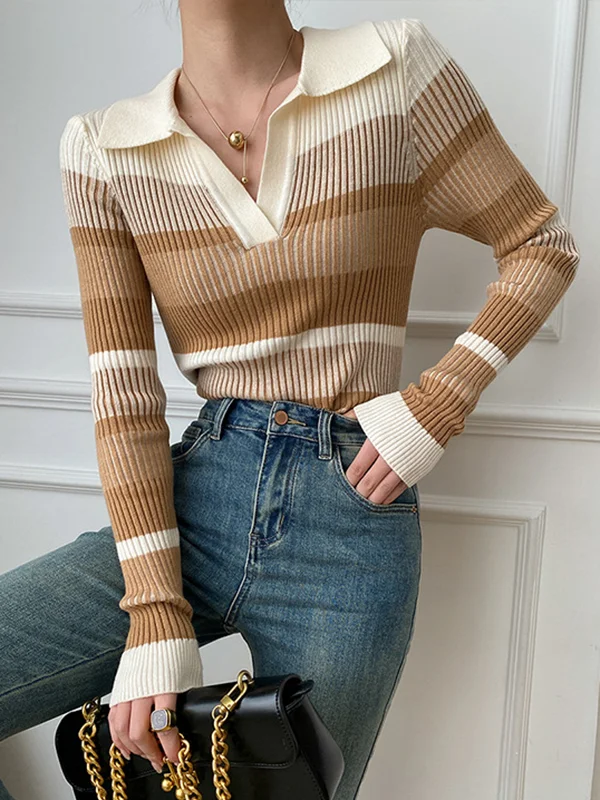 Long Sleeves Striped Lapel Sweater Tops