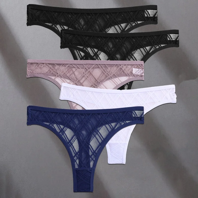 FINETOO 5PCS/Set Lace Sexy Women Thongs Floral Perspective G-string Lingerie Panties Low-Waist Femme Girls Underwear Mesh Pantys