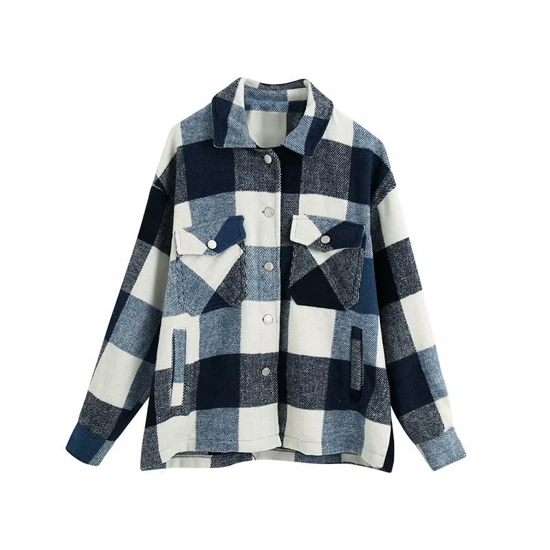 Vintage Stylish Pockets Oversized Plaid Jacket Coat Women 2021 Fashion Lapel Collar Long Sleeve Loose Outerwear Chic Tops
