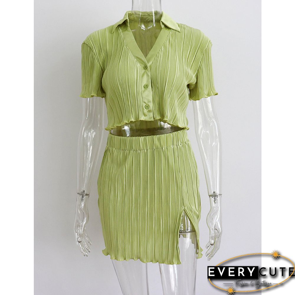 Green Button Crop Top and Split Skirt Set