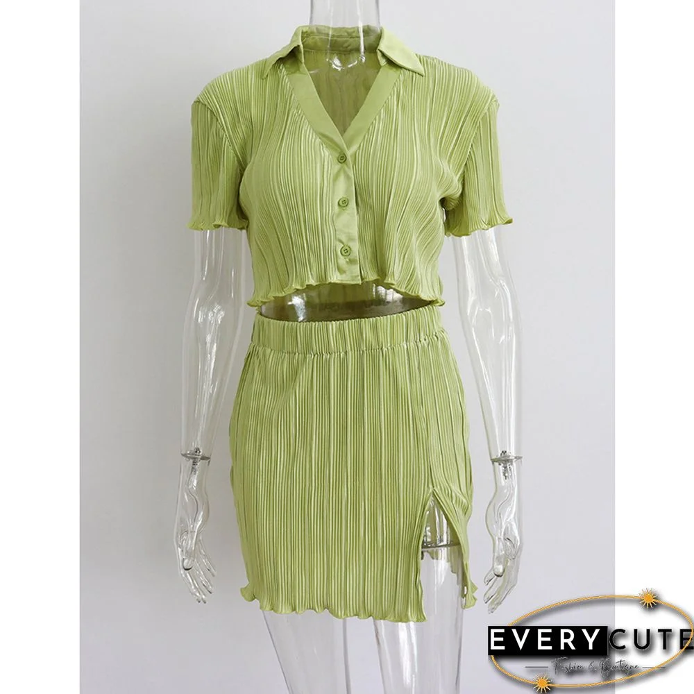 Green Button Crop Top and Split Skirt Set