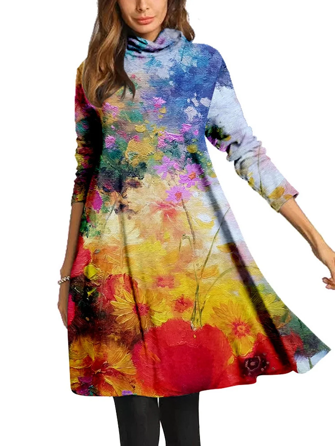 Women Long Sleeve Scoop Neck Printed Midi Dress