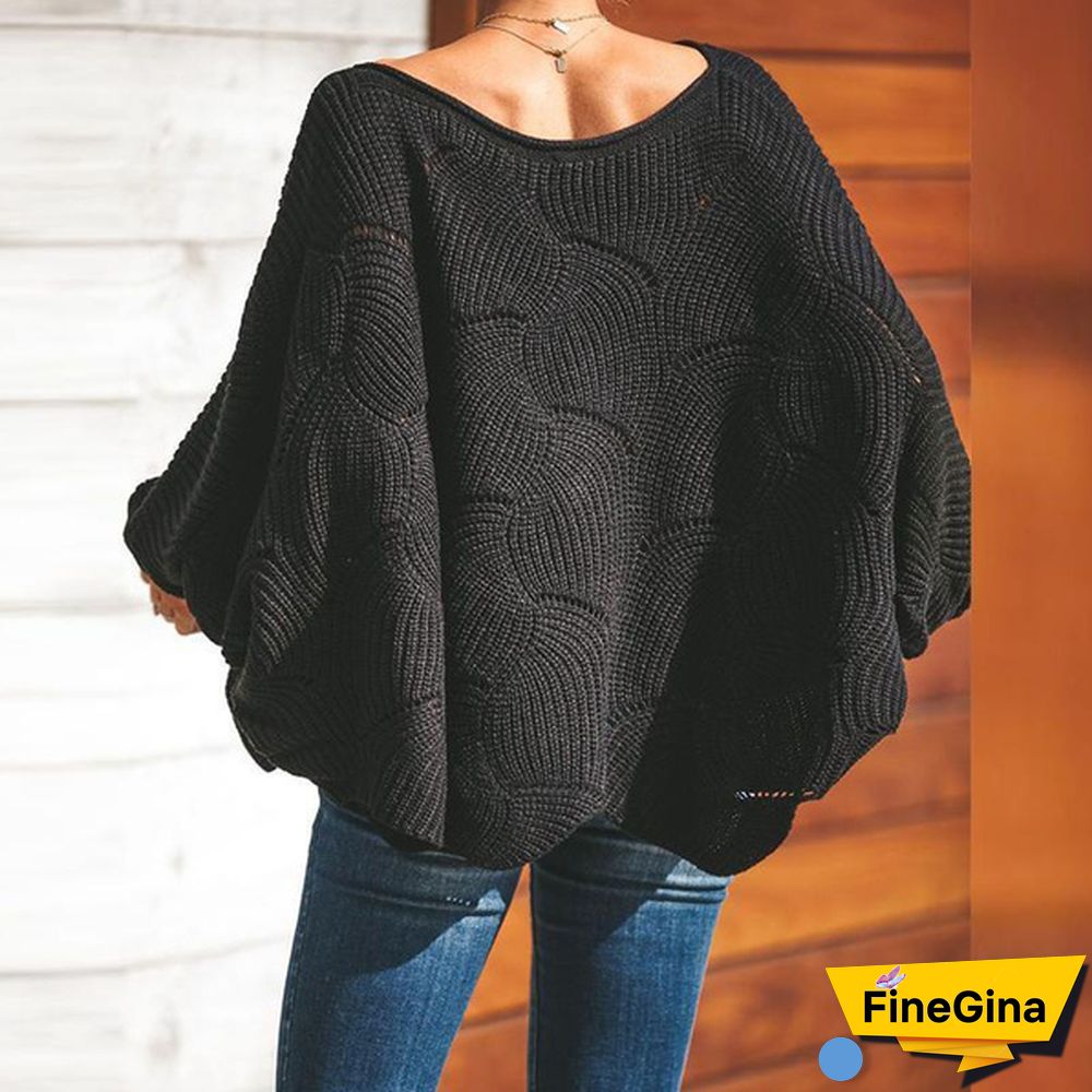 Women Plus Size Fashions Pure Color Hollow Out Bat Sleeve Loose Sweaters Ladies Autumn Winter Pullovers Tops S-5XL