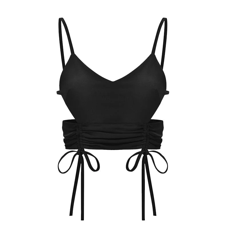 Fashion Women Solid Sexy Halter Tank Tops Spaghetti Strap Camisole Knitted Ruched Drawstring Crop For Club Summer Streetwear