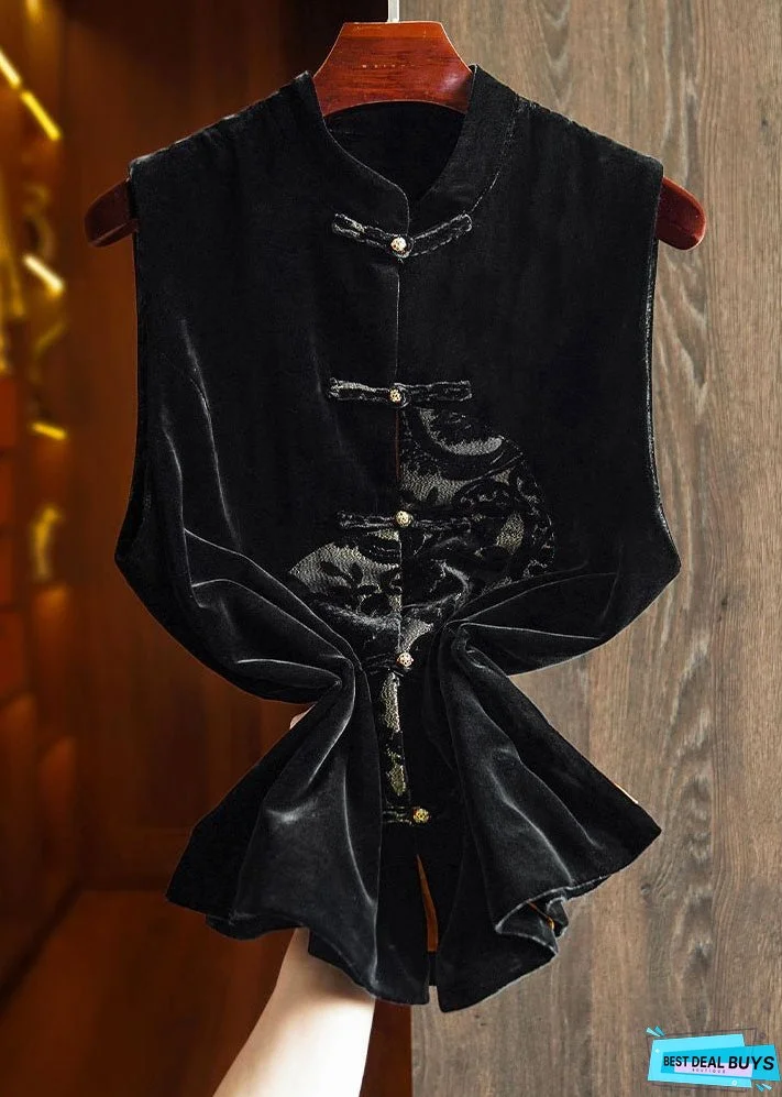 Unique Black Embroideried Patchwork Button Silk Velour Waistcoat Fall