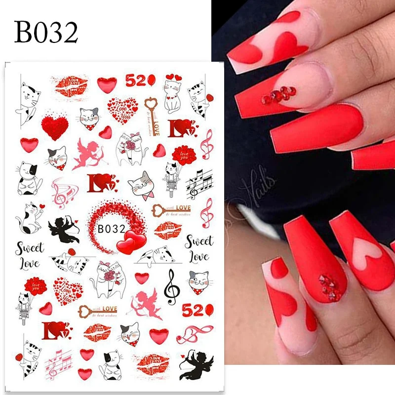1PC 3D Nail Stickers Red Heart Love Self-Adhesive Slider Nail Art Decorations Valentine's Day Decals Manicure Accessories Tool-Nail Inspo